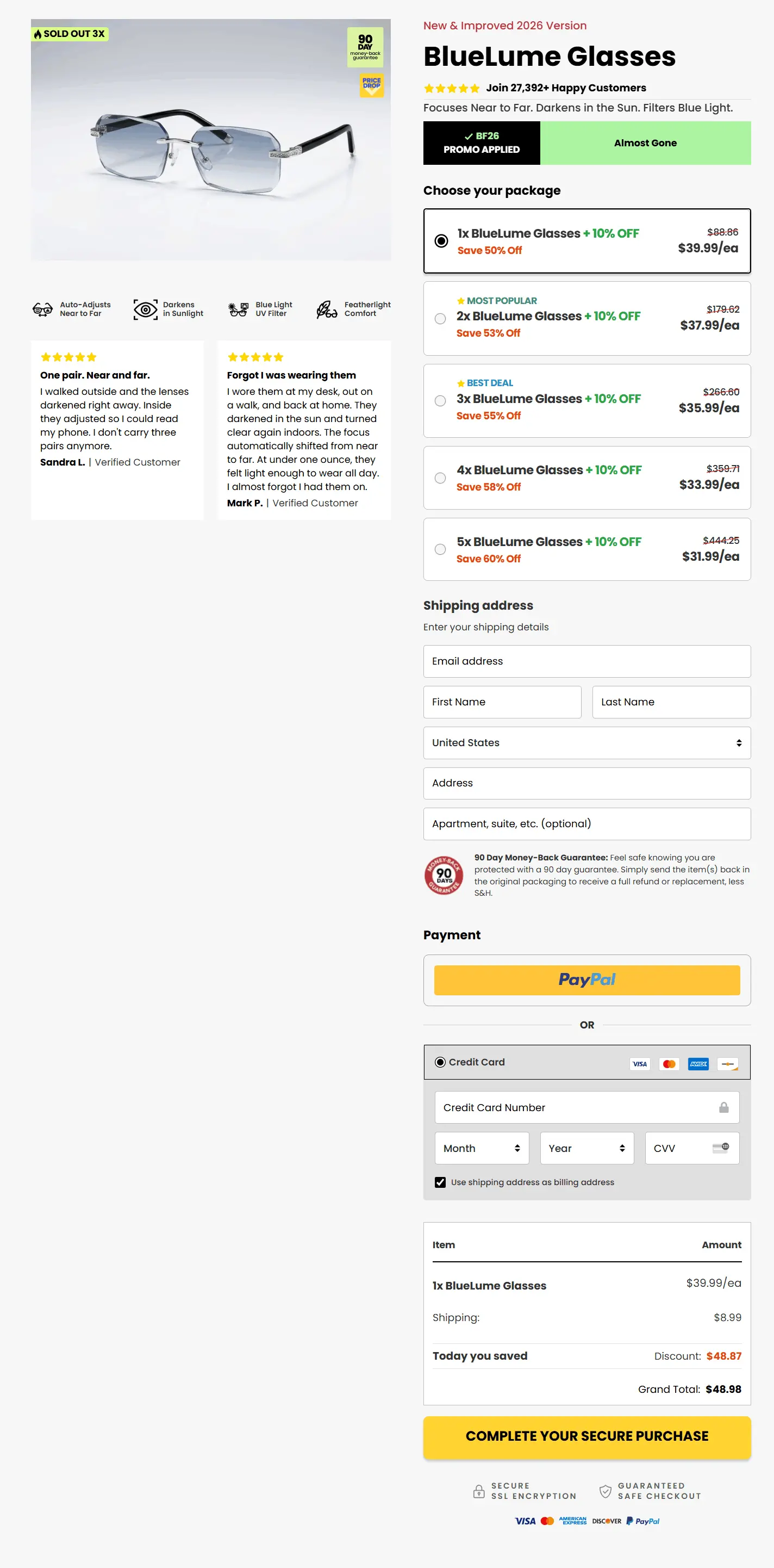 BlueLume Glasses secure checkout page